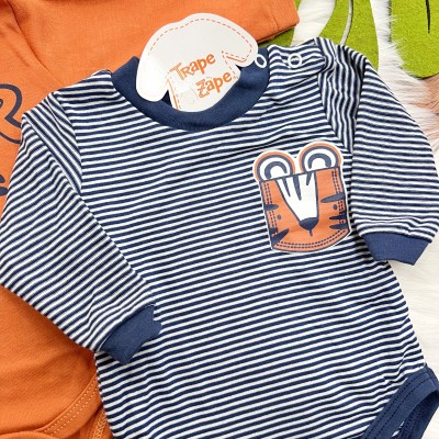 Kit 3 Peças - Bodys Manga Longa Tigre Roar - Ferrugem, Marinho e Listrado